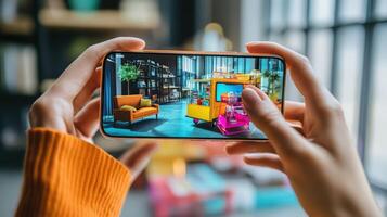 Close-up view of hands holding a mobile phone displaying a virtual interior design. photo