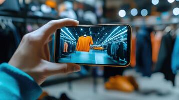 Close-up view of a smartphone displaying an orange garment in a clothing store. photo