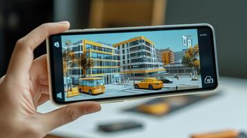 Modern city scene displayed on a mobile phone. photo