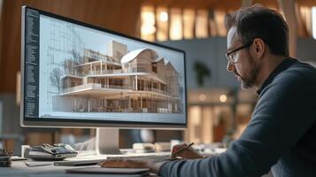 Focused architect working on digital architectural design. photo