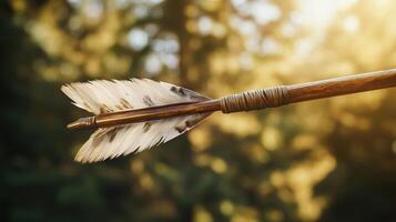 Close-up of a traditional wooden arrow in a forest setting. photo