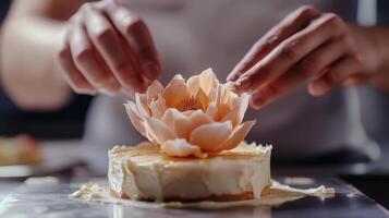Expert hands meticulously place delicate flower design on cake. photo