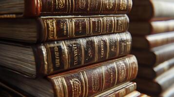 Stacked antique leather-bound books close-up. photo