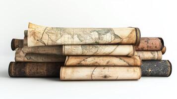 Stack of antique rolled maps on a plain background. photo