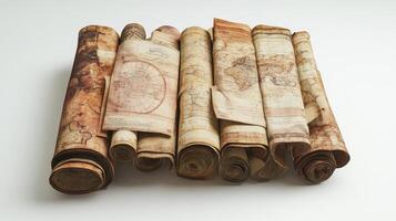 Rolled-up, aged maps arranged on a light background. photo