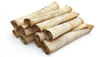 Stack of ancient rolled documents against a white background. photo