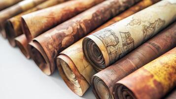A collection of rolled, aged documents displaying intricate designs. photo