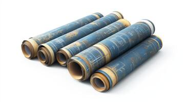 Rolled blueprints arranged in a group against a white background. photo