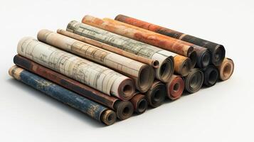 Stack of rolled, vintage architectural plans, displayed on a plain background. photo