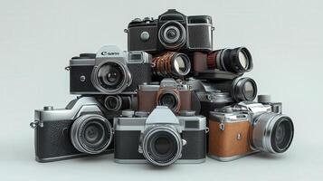 A collection of vintage photographic equipment on a plain background. photo