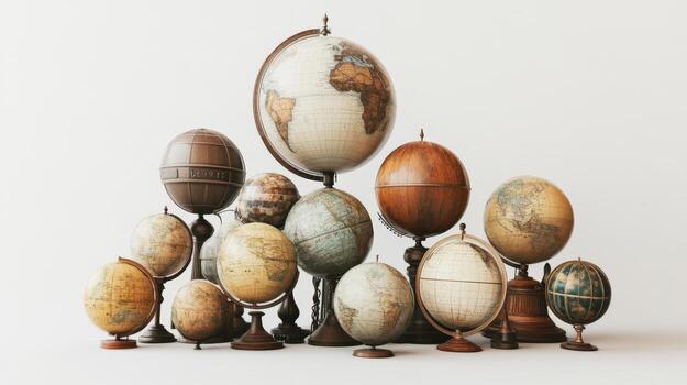 Group of antique globes arranged on a light background. photo