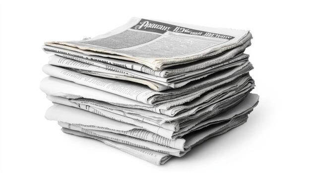A stack of newspapers against a plain white background. photo