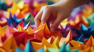 Colorful paper figures arranged and manipulated by a hand. photo