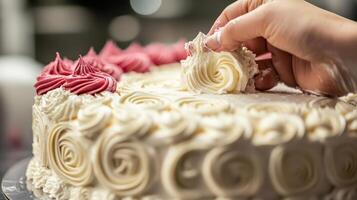 A hand delicately decorating a cake with swirls of frosting. photo