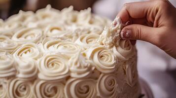 Close-up view of a decorated cake being iced. photo