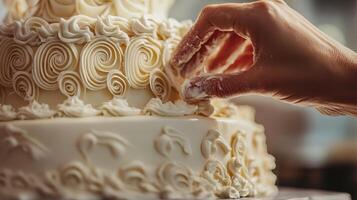 Delicate hand decorating a tiered wedding cake with swirls. photo