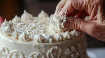 A person is decorating a white cake with white icing photo