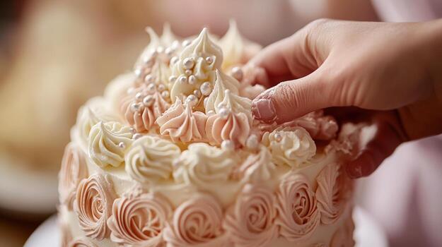 A delicate confectionery creation adorned with swirls and pearls. photo