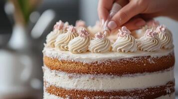 Close-up view of a layered cake being decorated. photo