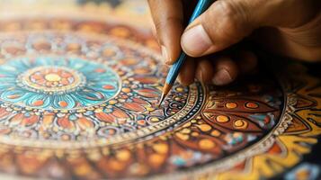 Skilled artisan's hand meticulously paints intricate mandala design. photo