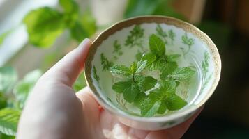 Fresh mint leaves in a small decorative bowl. photo
