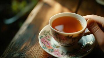 A warm beverage held gently in a floral patterned cup. photo