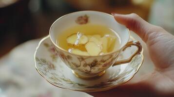 Delicate porcelain teacup filled with ginger tea. photo