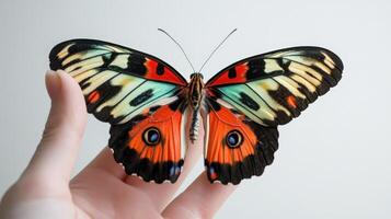 Vibrant butterfly held in a hand against a light background. photo