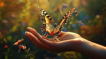 A beautiful butterfly rests gently on a hand in a sunlit garden. photo