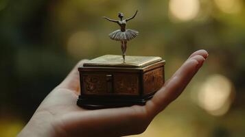 Miniature ballerina figurine atop a decorative music box. photo