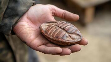 Close-up view of a hand holding a fossil imprint. photo