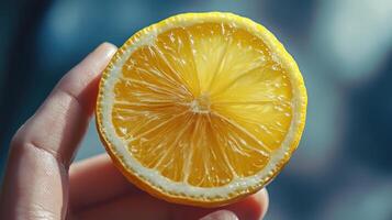 Close-up view of a sliced lemon held in a hand. photo