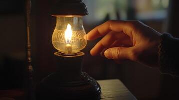 Close-up of a hand adjusting a vintage kerosene lamp. photo