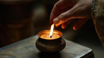 Close-up view of hand lighting a small candle. photo