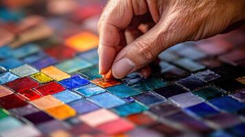 Close-up view of a hand placing a tile in a vibrant mosaic. photo