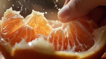 Close-up of citrus fruit segments being separated. photo