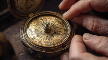 Aged brass compass being adjusted by weathered hands. photo