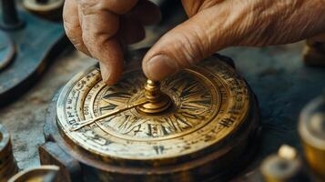 Close-up of aged hands adjusting an antique astronomical device. photo