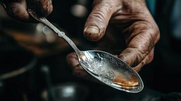 Close-up view of a tarnished antique spoon held in aged hands. photo