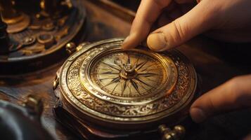 Close-up view of hands adjusting an antique compass. photo