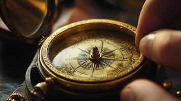 Close-up view of a vintage compass being adjusted. photo