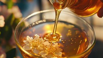 Golden honey poured into a glass bowl with blossoms. photo