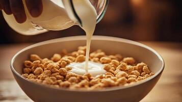 Creamy milk poured over breakfast cereal. photo