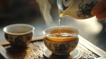 Porcelain teacups and a steaming tea pouring ritual. photo