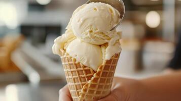 Close up view of vanilla ice cream scoop into waffle cone. photo
