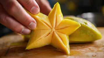 Close-up view of sliced star fruit being handled. photo