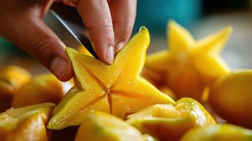 Close-up view of a star fruit being sliced. photo