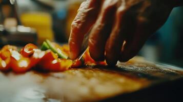 Close-up view of hands chopping colorful vegetables on a wooden board. photo