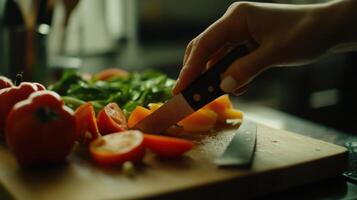 Close-up of a hand using a knife to chop vegetables on a wooden board. photo