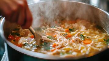 A bubbling pot of hot, comforting chicken noodle soup. photo